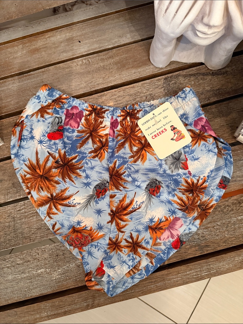 Tropical Palm Print Shorts in Light Blue and Orange